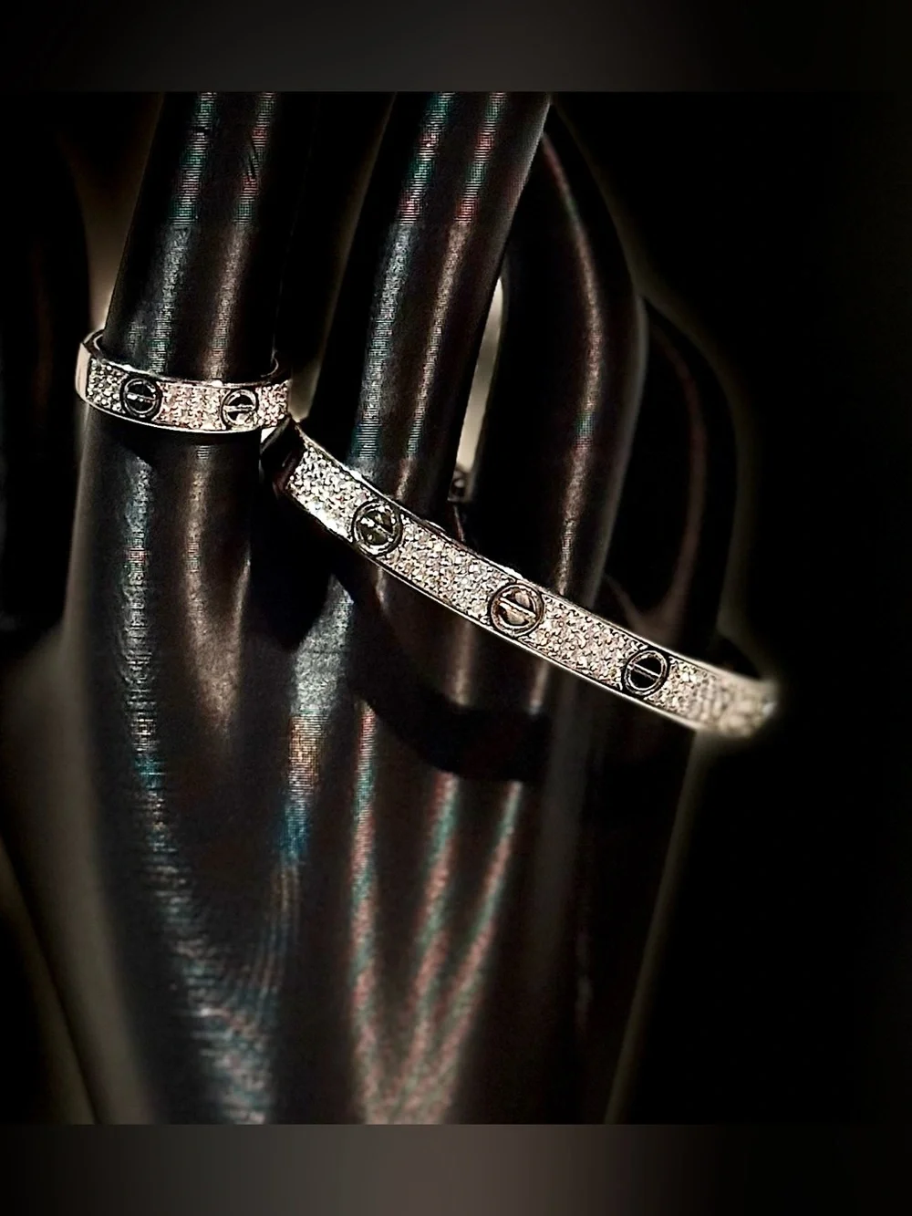 Silver CZ Motif Bangle and Ring Set - Women's Jewelry
